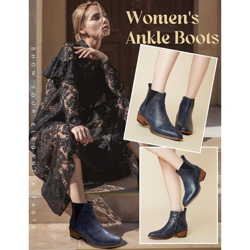 Women's Blue Ankle Boots Mid-height Heels Chelsea Zipper Dressy Booties - Picture 2 of 6